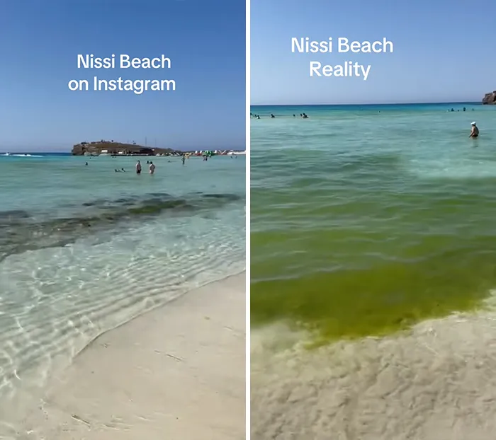 Comparison of Instagram vs reality travel moments at Nissi Beach showing clear vs murky water and beach conditions.