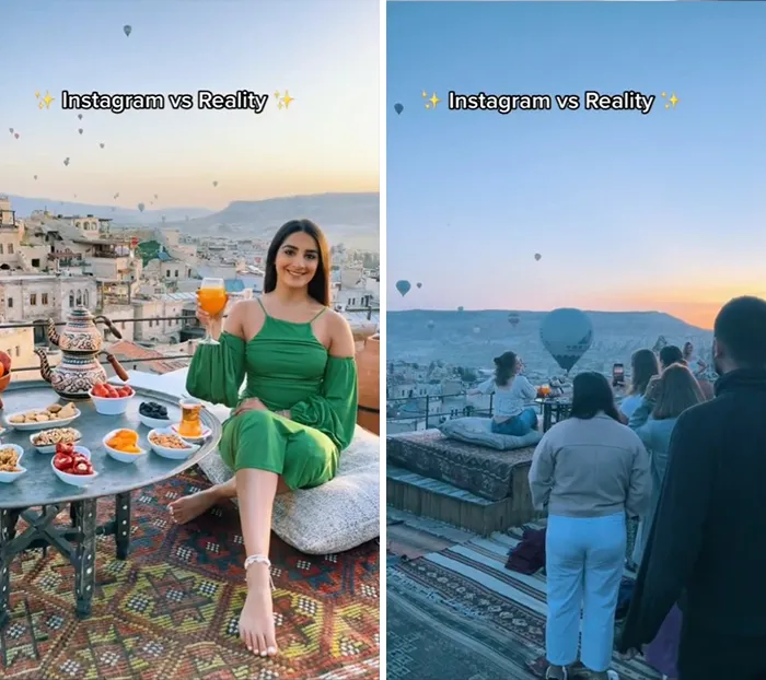 Woman in a green dress posing with breakfast contrasted with a group watching hot air balloons at sunrise Instagram vs reality travel moments.