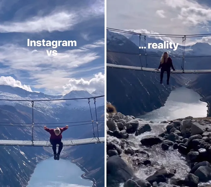 Person sitting on a suspension bridge over a mountainous river, showing Instagram vs reality travel moments contrast.