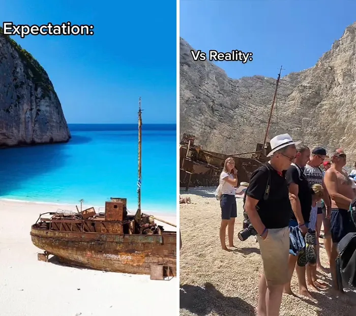 Rusty shipwreck on a pristine beach vs crowded tourist spot showing Instagram vs reality travel moments.