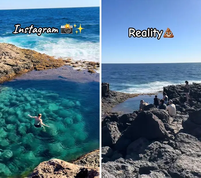 Side-by-side Instagram vs reality travel photo showing a person swimming in a tide pool and a group by rocky shore.