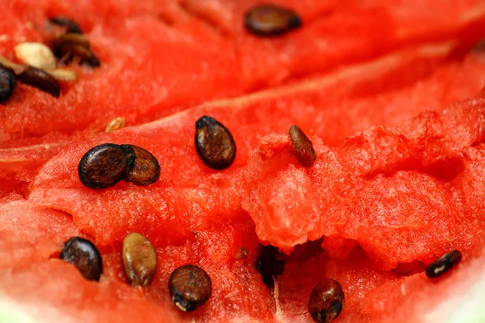 Close-up of watermelon flesh with seeds, illustrating a playful and messy scene related to kids' lies getting way too real.