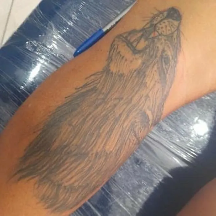 Tattoo of a wolf on a forearm featuring unusual design choices in bizarre tattoo art styles.