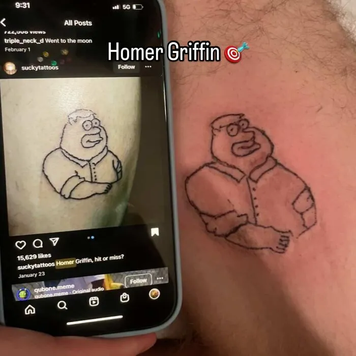 A bizarre tattoo choice featuring a poorly drawn Homer Griffin character on a person's arm, illustrating strange tattoo decisions.