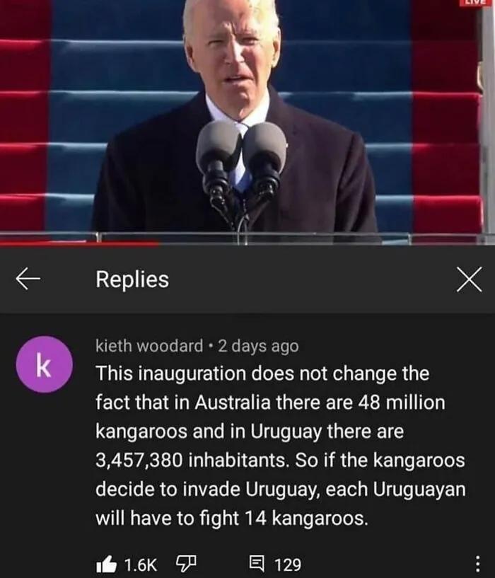 Comment about kangaroos invading Uruguay shown below a speech, fitting weird and unhinged humor memes.