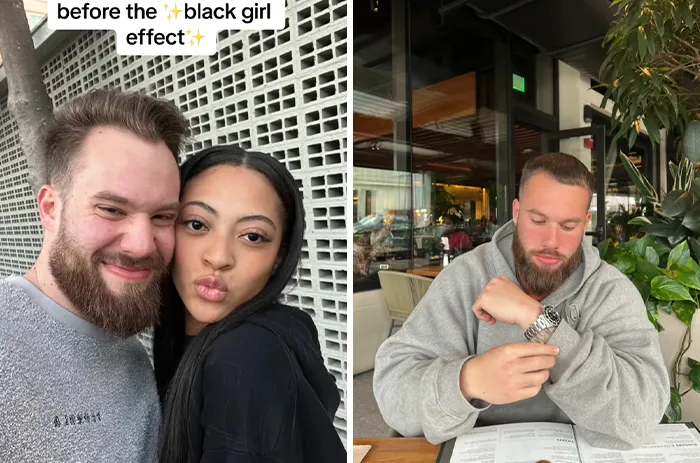 Before and after photos of a man showing changes after marrying a Black woman, highlighting the Black woman effect.