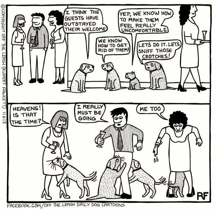 Comic showing dogs planning to make guests uncomfortable by sniffing crotches, capturing relatable dog owner humor.