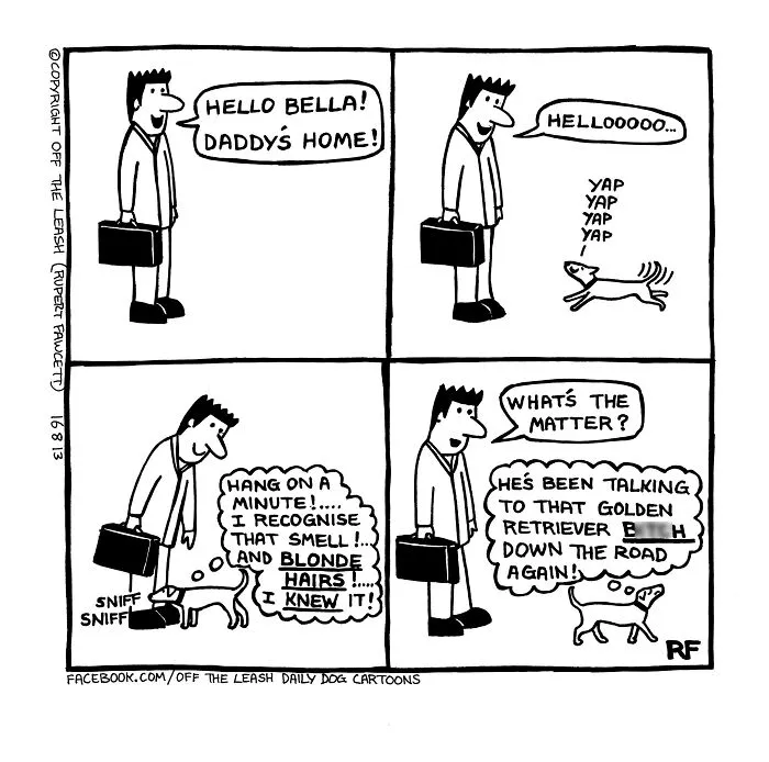 Dog owner greets dog in hilarious off the leash comic, showing relatable pet behavior and funny dog interaction moments.