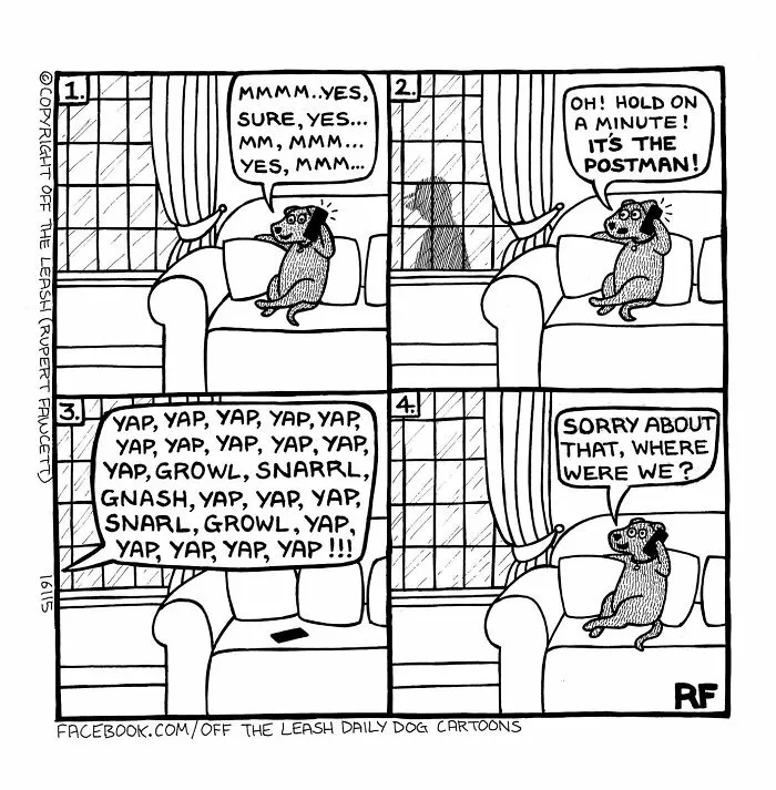 Dog comic from Off The Leash showing a dog reacting humorously to the postman with playful barking and apology.