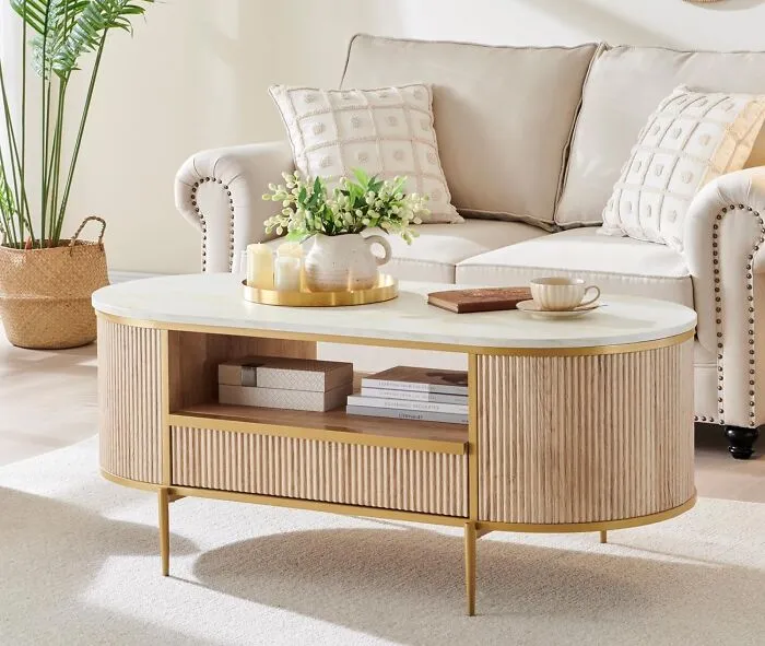 An <a Style="Display:inline;" Href="Https://Www.amazon.com/Okd-Modern-Luxury-Profile-Natural/Dp/B0df31gr1l?ie=utf8&th=1&linkcode=ll1&tag=bpcrab-20&linkid=abbcb3d12c99f7613d4516a8ab8dbfc4&language=en_us&ref_=as_li_ss_tl" Target="_blank">    <span Style="Font: Inherit; Color: #d74b1f;"> Oval Fluted Coffee Table</Span> Is Basically The Pleated Skirt Of Living Room Furniture, And It Looks Just As Chic