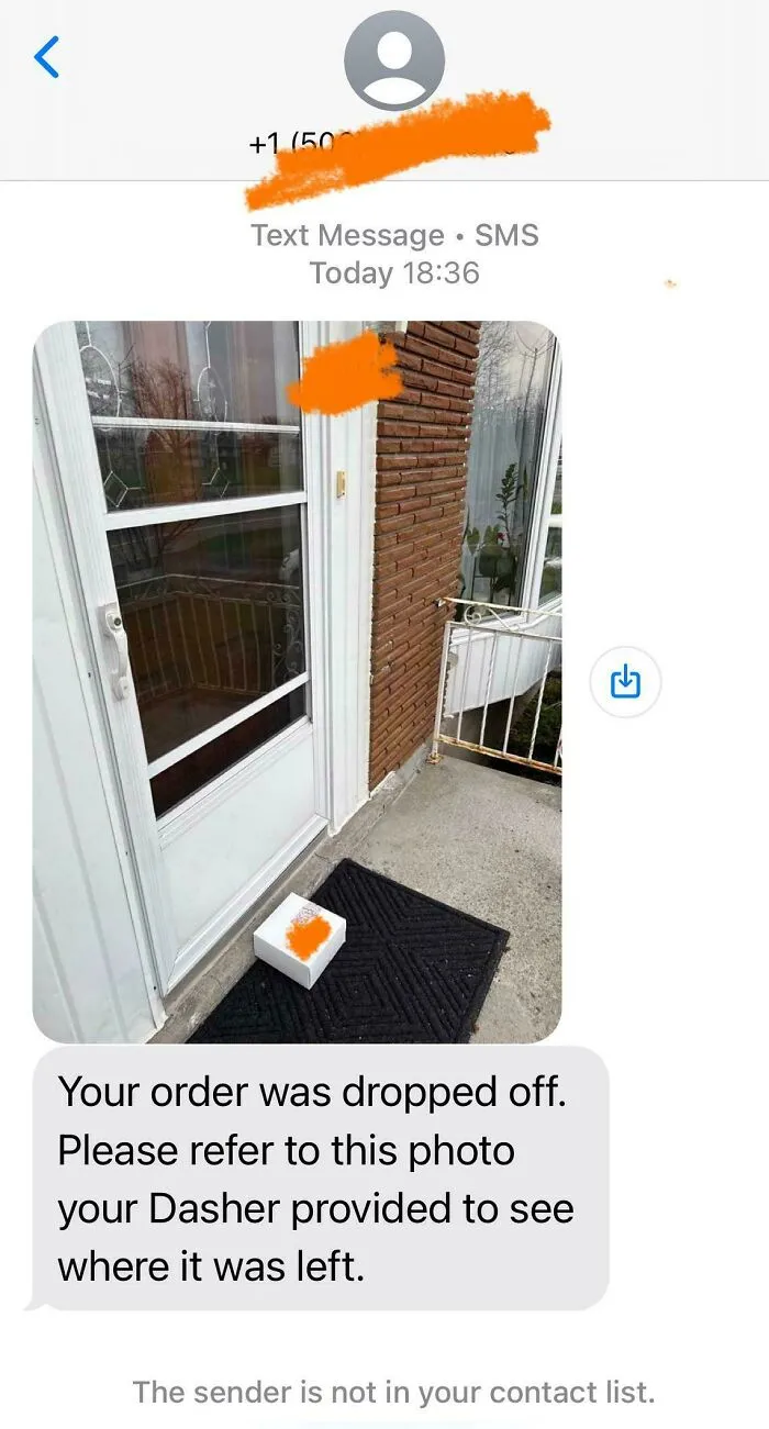 Small package left outside the front door on a mat, illustrating funny unfortunate situations with forgotten deliveries.