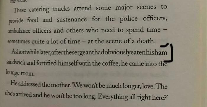 Text passage showing a humorous situation involving someone forgetting and eating a ham sandwich with coffee.