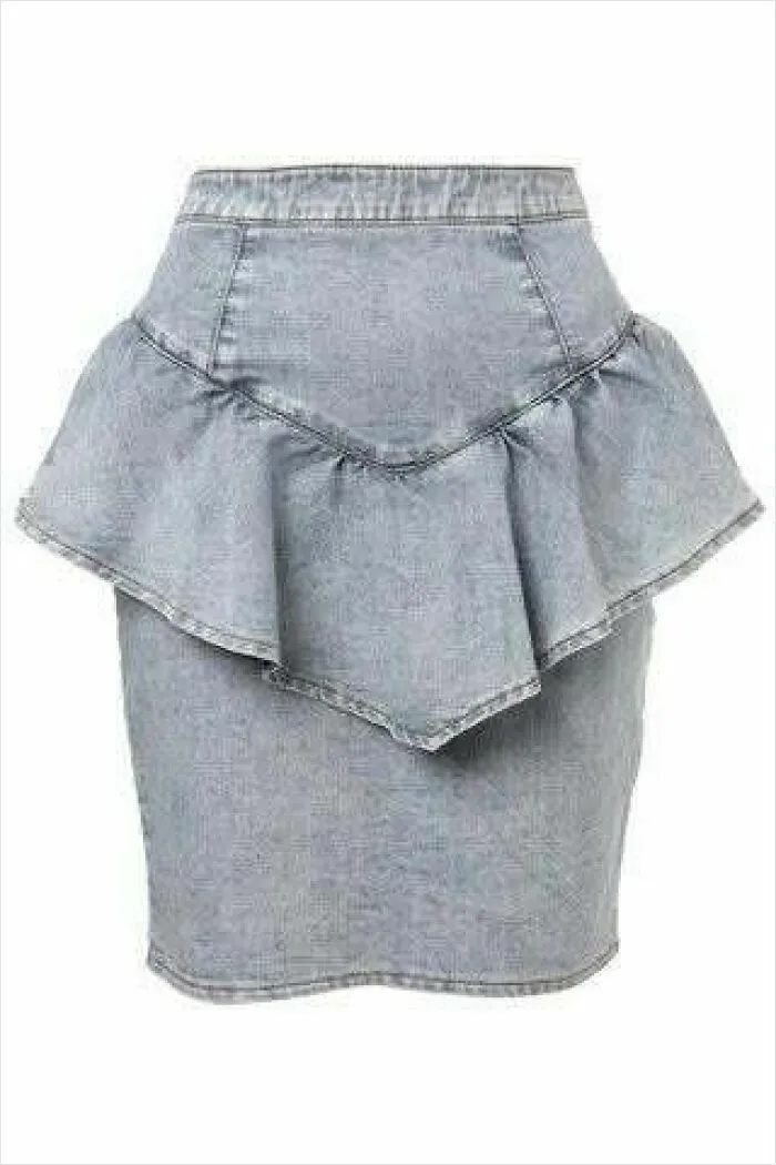 Vintage denim skirt with ruffled waist detail showcasing a weird and wonderful retro fashion piece.