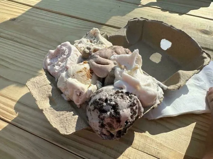 Unholy meal presentation of melted ice cream scoops served in a torn cardboard egg carton on a wooden table outdoors.