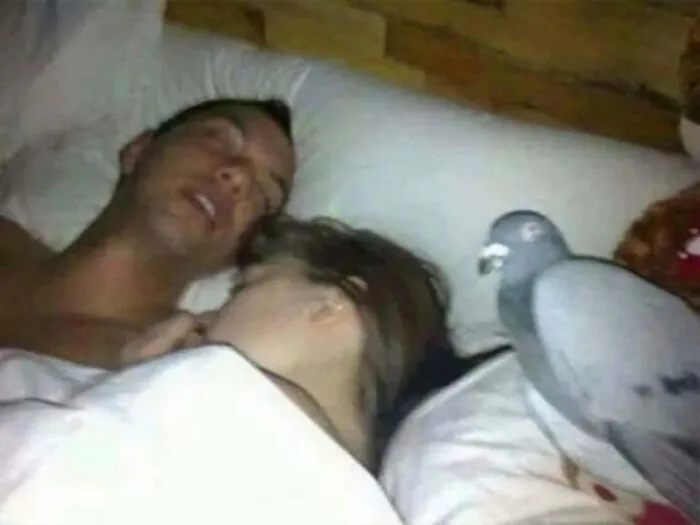 Couple sleeping in bed with a pigeon perched beside them, a strange image that makes no sense but draws attention.