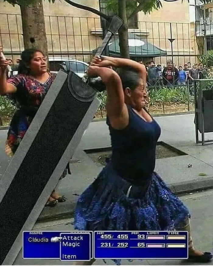 Woman in traditional dress swinging oversized sword in street with video game attack menu, a surreal pics that make no sense moment.