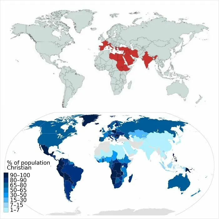 World maps showing regions in red and shades of blue depicting population percentages of Christians across different countries.