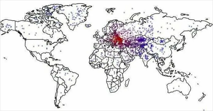 Worldwide map showing population density with humorous color patterns highlighting Europe and Asia regions.