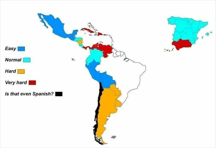 Map showing difficulty levels of Spanish language across Latin American countries with color-coded regions and a humor theme.