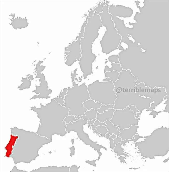 Map of Europe with Portugal highlighted in red, showcasing a funny and horrible map style not found in typical geography books.