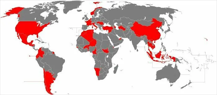 World map highlighting countries in red with a focus on funny and unusual geography maps for visual humor and interest.