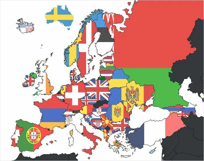 Map of Europe with countries filled in by different national flags in a funny and unusual geography map style.