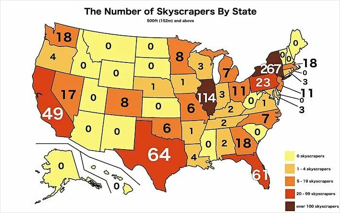 Map showing the number of skyscrapers by US state, highlighting states with over 100 skyscrapers in dark brown.