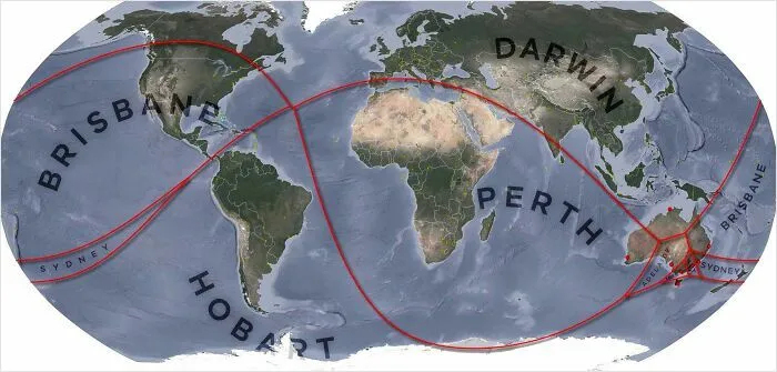 World map with distorted city names and red curved shipping routes, a funny and horrible geography map illustration.
