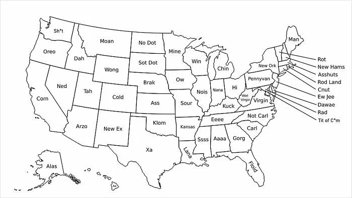Funny map of the United States with humorous state name variations, showcasing a quirky geography map concept.