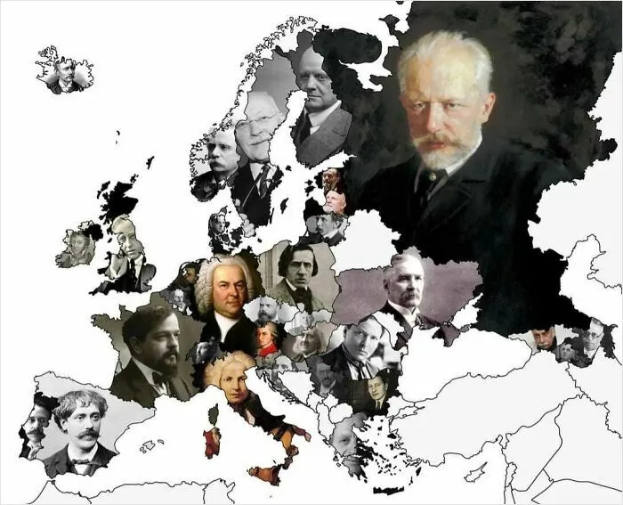 Map of Europe with portraits of famous composers humorously placed according to their countries in funny maps collection.