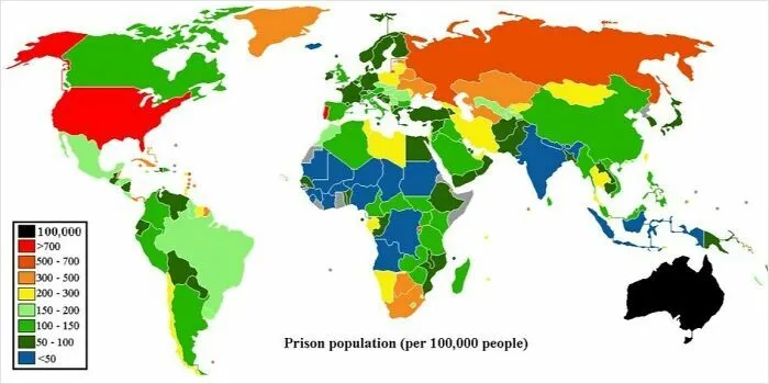 Color-coded world map showing prison population per 100,000 people, highlighting unusual and funny geographic data visualization.
