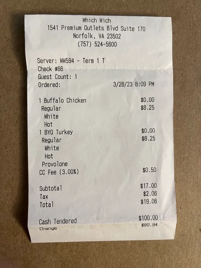 Receipt showing a ridiculous fee for a 3% credit card charge added on a sandwich order at a Norfolk restaurant.