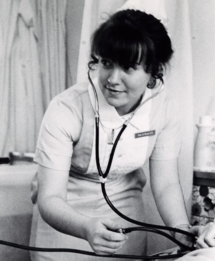 Student Nurse Deborah Shaub '76 Checking Patient