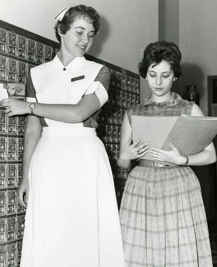 Kathryn Davis '51 And Student Nurse, Mail Pick Up
