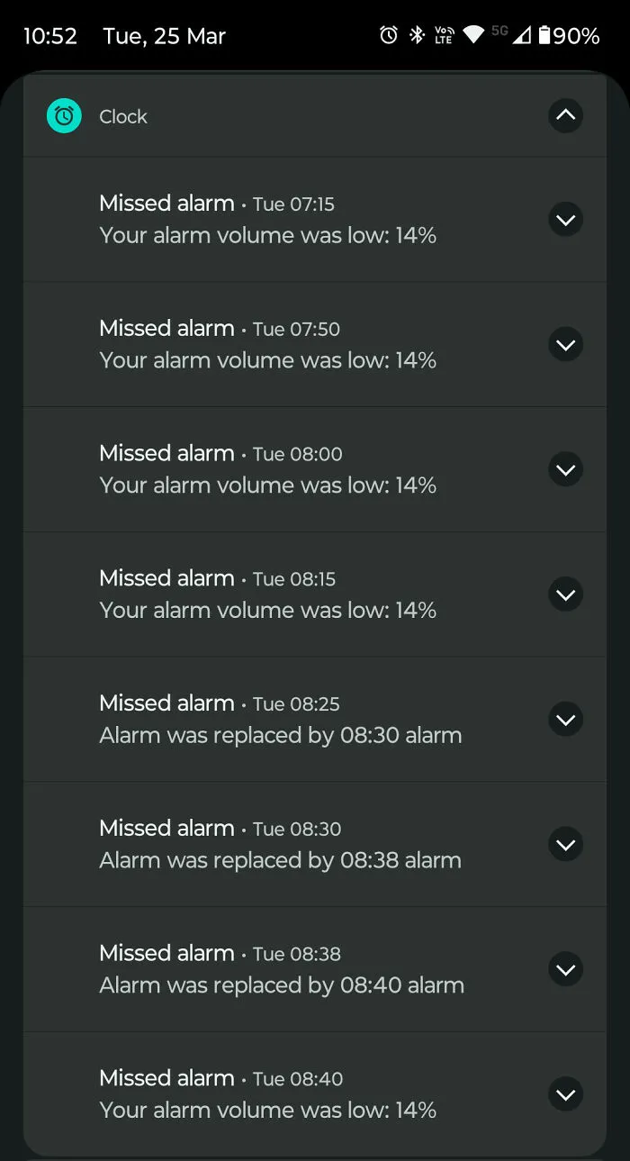 Multiple missed alarms on a phone with low volume and repeated replacements, illustrating a funny unfortunate situation.