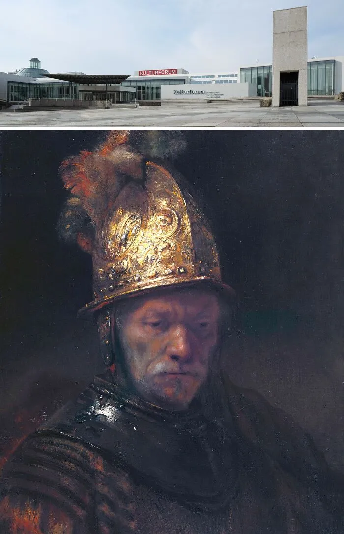 Modern museum exterior and a famous painting of a man in ornate helmet, showcasing locations of the most famous paintings.