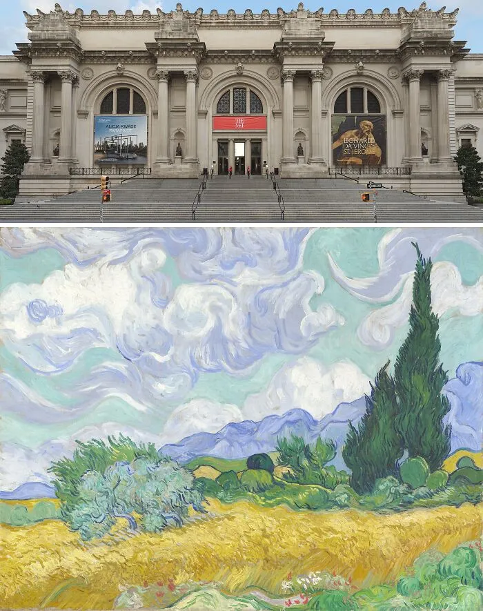 Exterior of a famous art museum with banners above stairs and a vibrant landscape painting showcasing nature and sky colors.