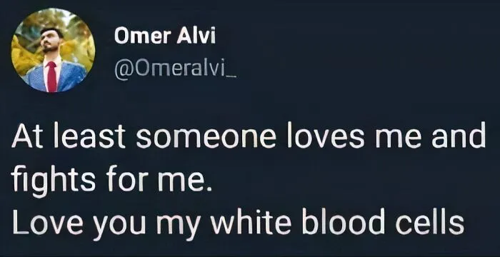 Tweet by Omer Alvi humorously appreciating white blood cells, fitting medical memes about healthcare being expensive and relatable humor.