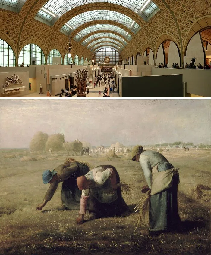 Interior view of a famous museum showcasing 39 locations of the most famous paintings with visitors exploring exhibits.