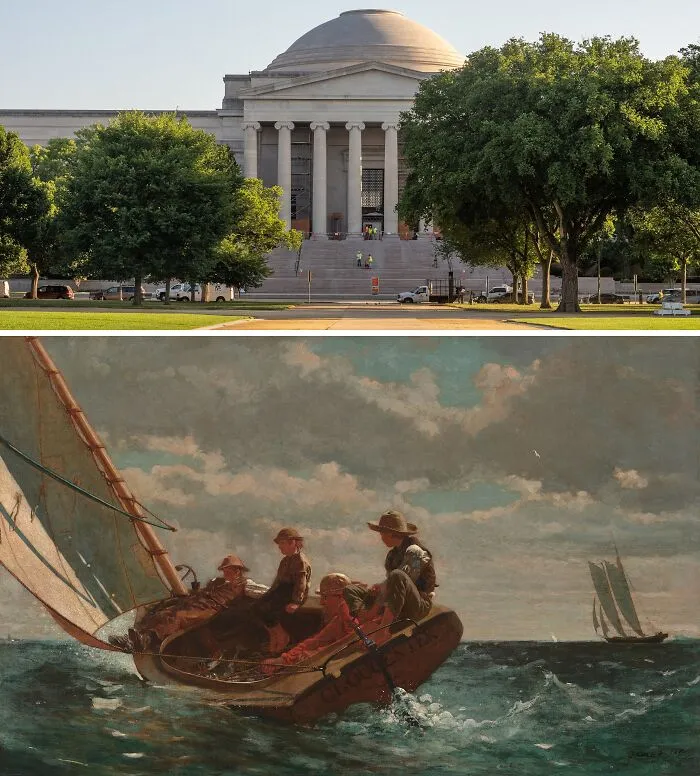 Top image shows the exterior of a classical museum building, bottom image depicts a famous painting of boys sailing a boat.