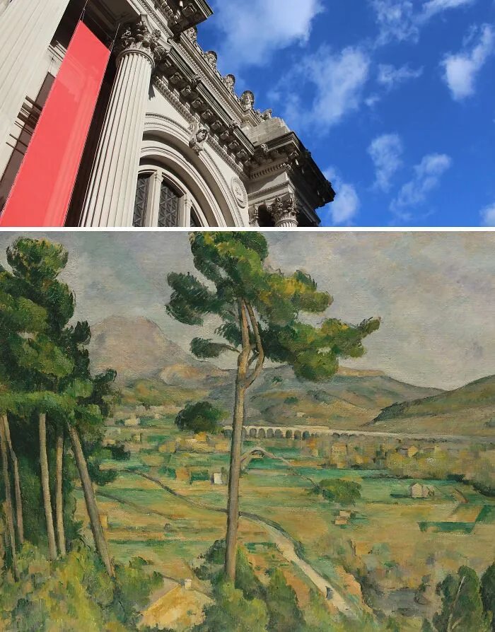 Top image shows a famous museum exterior with columns, bottom image depicts a landscape painting from famous paintings locations.