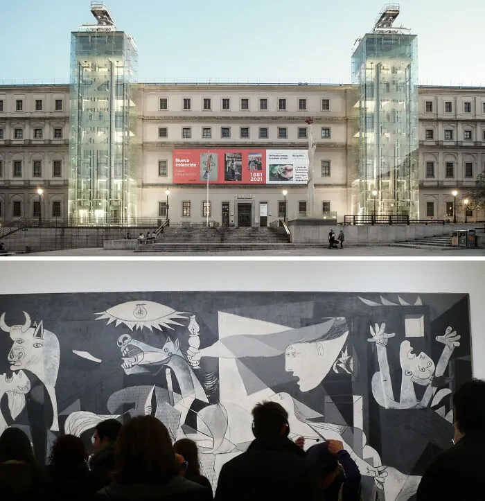 Modern art museum exterior with glass elevators and visitors viewing a famous painting among 39 locations of most famous paintings.