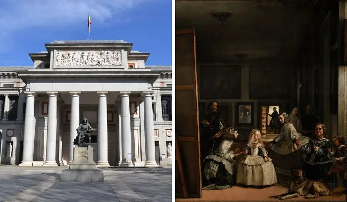 Museum exterior with classical columns next to an interior view of one of the most famous paintings displayed inside.