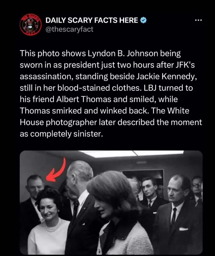 Black and white photo showing a scary fact about Lyndon B. Johnson’s presidential oath after JFK’s assassination moment.