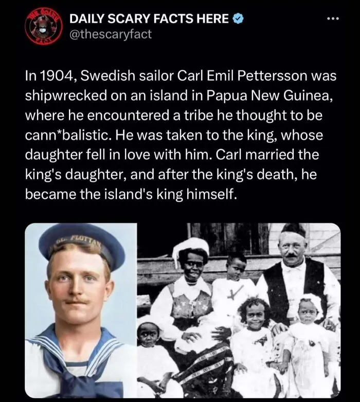 Tweet from Daily Scary Facts sharing a historical scary fact about a sailor becoming king on a Papua New Guinea island.