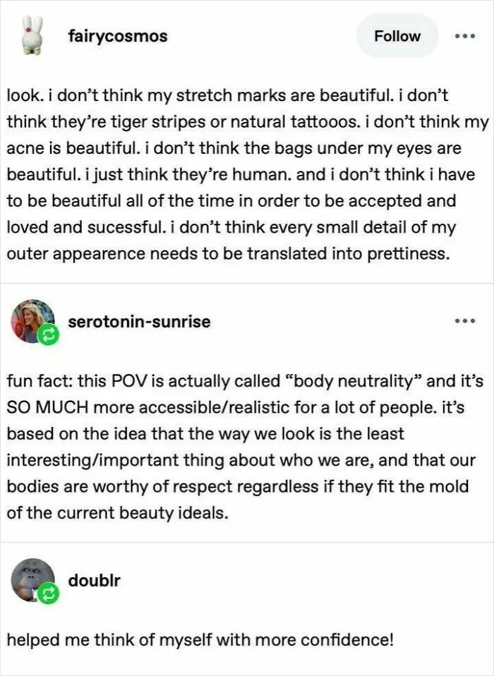 Positive social media posts about body neutrality, self-acceptance, and boosting confidence for very important positivity.