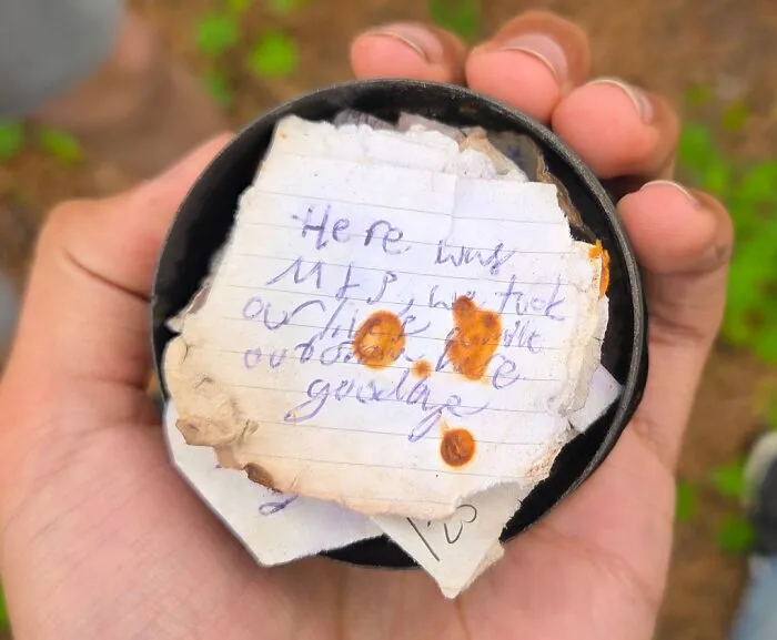 This Note My Buddy And I Found While Geocaching. "Here Was M+P, We Took Our Lives A Mile Out From Here. Goodbye"