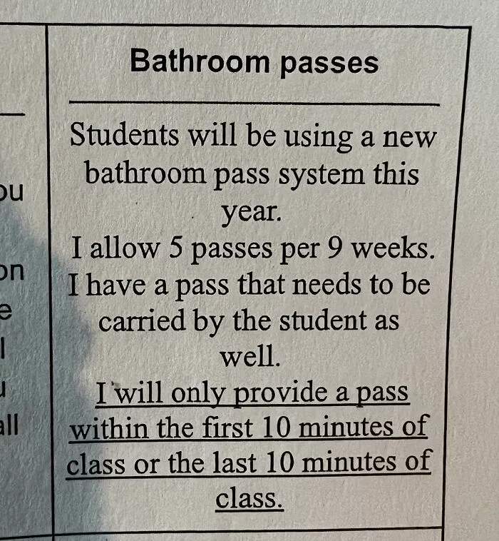 Bathroom pass rules posted on school paper showing limited passes and strict timing, highlighting schools not created equal.