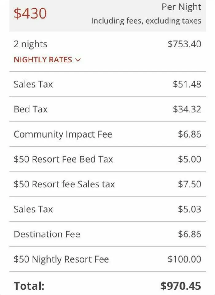 Hotel bill showing multiple ridiculous fees including resort, bed, sales, and destination fees totaling $970.45 for two nights.
