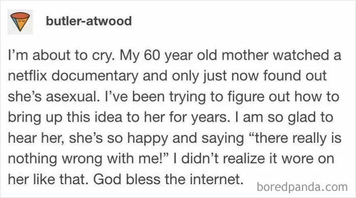 Screenshot of a heartfelt online post sharing a positive story about self-discovery and acceptance, promoting positivity.